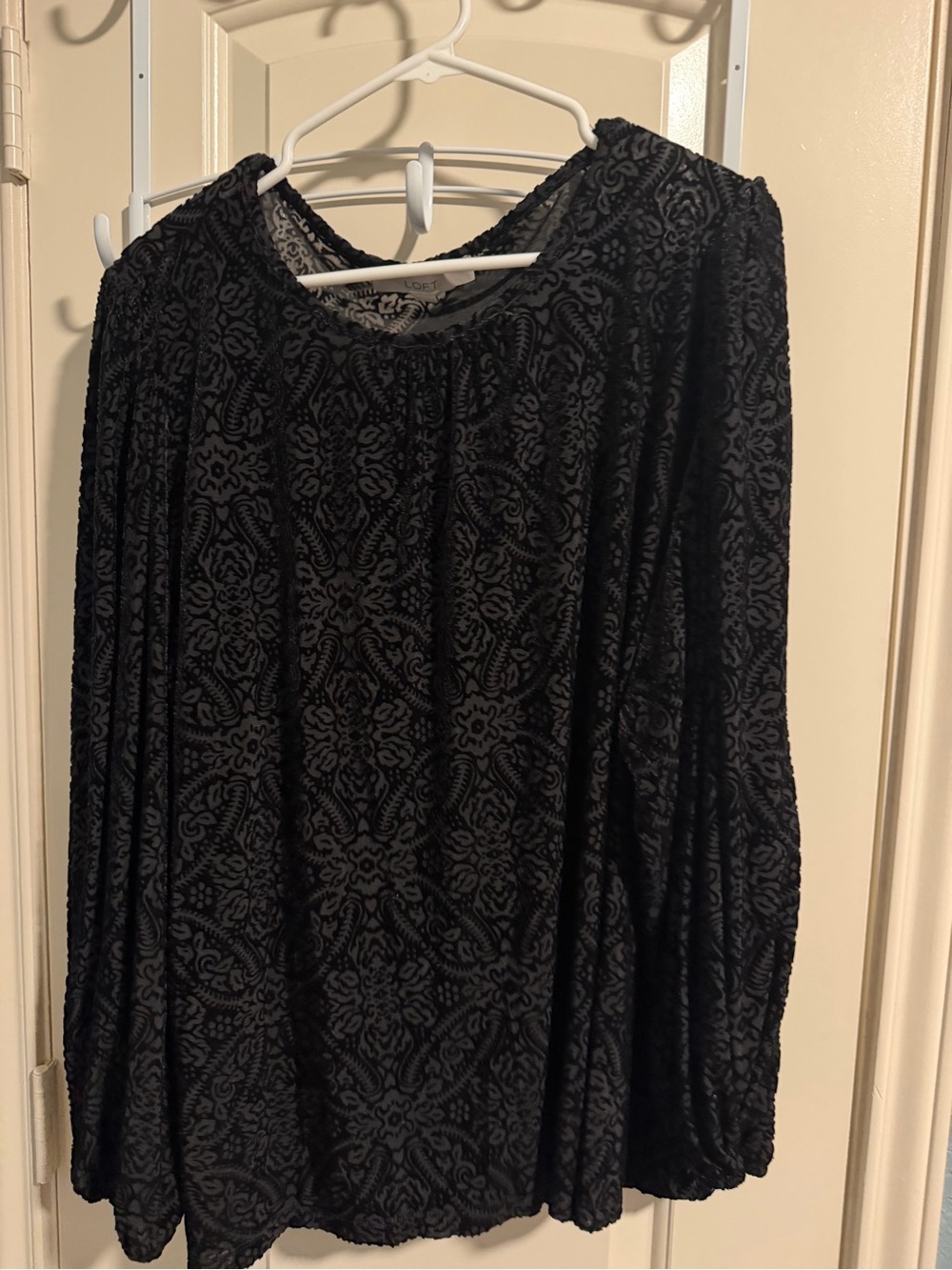 LOFT Black Burnout Floral-Pattern Long Sleeve Blouse